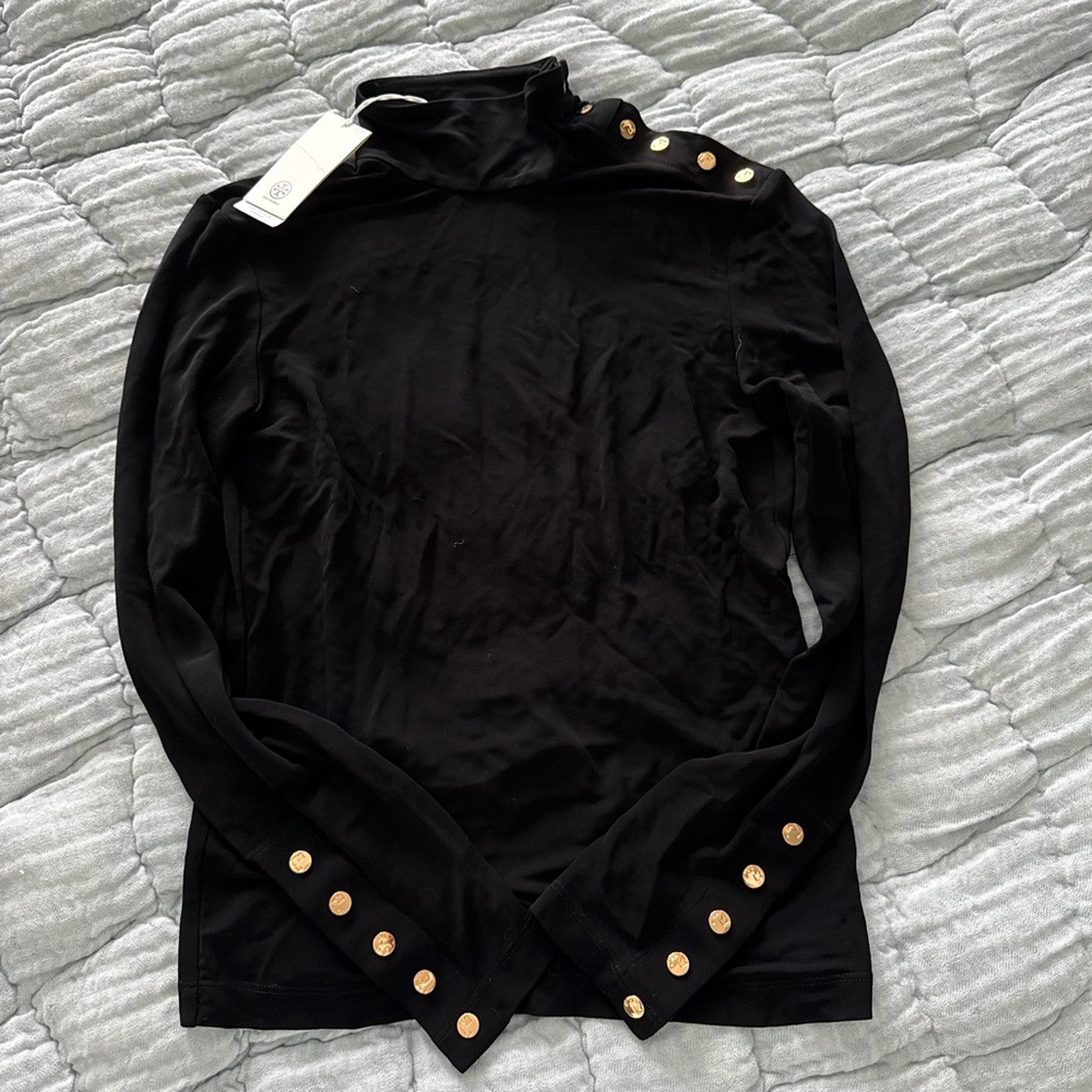 Tory Burch Black Long Sleeve Mock Neck Top with Gold Buttons